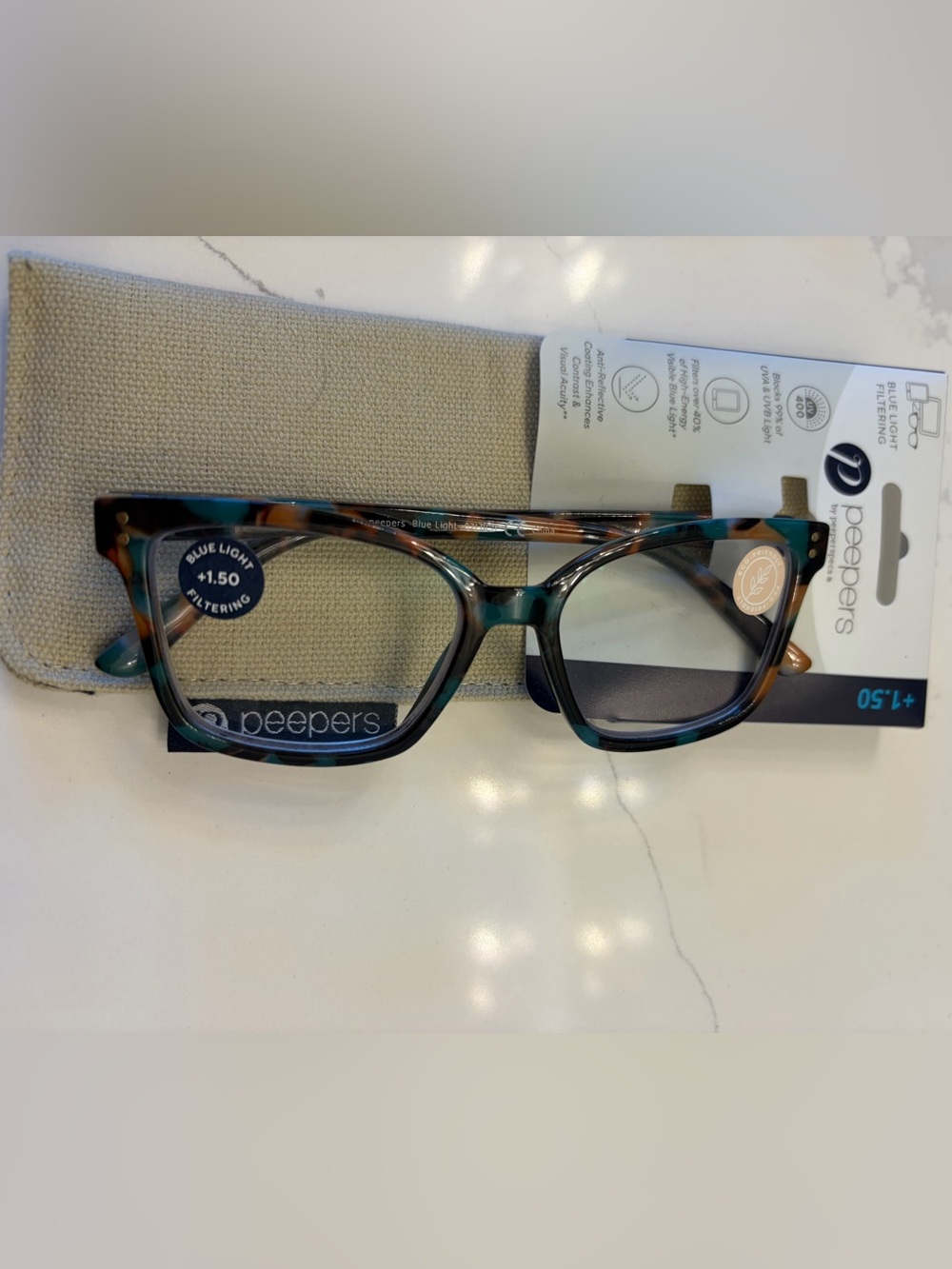 Peepers Blue Light Blocking Reading Glasses in Teal Tortoise (+1.50)